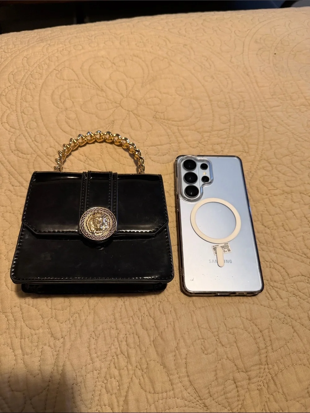Aldo Lottum Black Patent Wristlet Clutch with Gold Chain